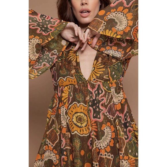 NWOT Sundress REVOLVE Maud Brown Mini Dress Retro Floral Flare Sleeve XS Tall - Picture 3 of 15